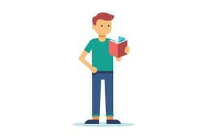 A young person stands while reading a book, showcasing a moment of curiosity and learning in a colorful, minimalistic style vector