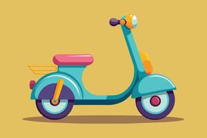 A colorful vintage scooter parked against a bright yellow background, showcasing a playful design with rounded features and a retro vibe vector