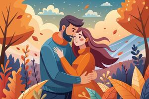 Couple embracing in a colorful autumn landscape with mountains and falling leaves during a serene evening vector