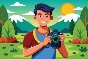 A young man with a camera smiles in a vibrant outdoor landscape during a sunny day with mountains and trees in the background vector