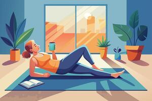 A relaxed woman enjoys a warm beverage while reclining on a yoga mat in a bright, cozy room with plants and sunlit windows in the afternoon vector