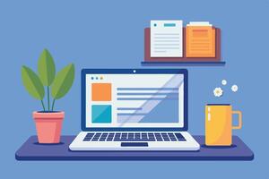 A modern workspace featuring a laptop, a potted plant, and a coffee mug with documents on the shelf during the daytime vector