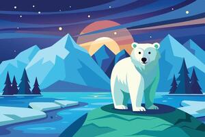 A polar bear stands on a rocky outcrop overlooking a serene landscape at sunset with mountains and reflecting water in a tranquil setting vector
