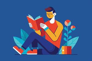 A young man reading a book while sitting comfortably on the floor surrounded by plants and a small gift box in a cozy setting vector