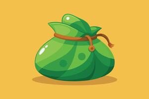 A vibrant green coin pouch resting on a bright yellow background with a playful knot tied at the top vector