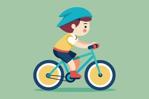 Young child riding a bicycle in a vibrant setting with a playful look while wearing a helmet, showcasing an active lifestyle and outdoor adventure vector