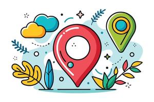 Colorful map pins and nature elements in a whimsical design showcasing location tracking in modern digital navigation vector