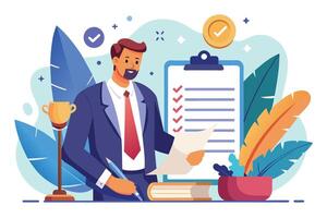A businessman reviewing a checklist and making notes in an office setting surrounded by plants and awards during a productive workday vector
