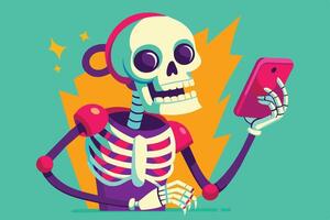 A cheerful skeleton exploring the digital world with a smartphone in a vibrant and playful environment against a bright background vector
