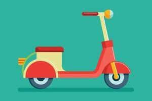 A colorful, retro-style electric scooter parked on a teal background during a sunny day vector