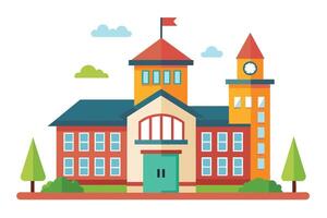 Colorful illustration of a school building with a clock tower set against a clear sky and green trees, ideal for educational themes and projects vector