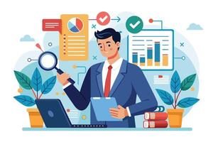 Business professional analyzing data with charts and graphs in a modern office environment surrounded by plants and documents vector
