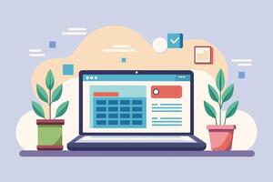 A modern laptop displaying a colorful web interface surrounded by potted plants in a light, minimalistic workspace setting vector