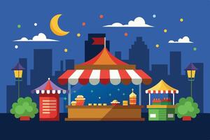 Nighttime market with colorful stalls and city skyline illuminated by the moon and clouds, showcasing various food stands and decorations vector