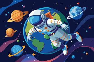 Astronaut floating in space among planets and Earth, showcasing the vastness of the universe in a colorful and vibrant illustration vector