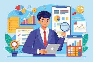 Business analyst working with data visualizations and reports in a modern office setting, focusing on trends and insights for strategic decisions vector