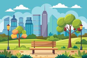 A vibrant city park featuring a wooden bench amidst lush greenery with a skyline of skyscrapers in the background on a sunny day vector