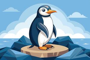 A cheerful cartoon penguin standing on a rock against a vibrant blue ocean and sky filled with fluffy clouds vector