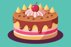 Delicious chocolate layer cake with cherry topping and cream decoration on a teal background vector
