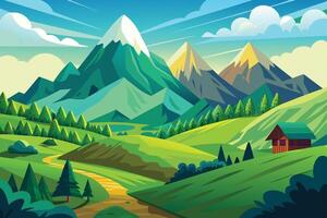 A serene landscape with rolling green hills, majestic mountains, and a quaint cabin under a bright sky during a clear day vector