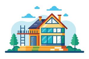A colorful modern house under construction with scaffolding and green trees surrounding it on a sunny day vector