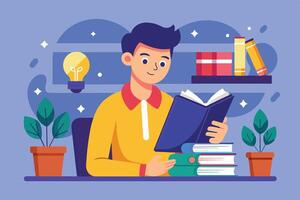 A young man reading a book while sitting at a desk surrounded by plants and shelves filled with books in a bright workspace vector