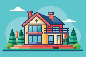 Brightly colored modern house surrounded by trees and clouds with a cheerful landscape in a sunny setting vector