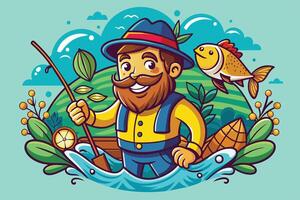 A cheerful fisherman with a mustache poses proudly by the river, surrounded by lush greenery and a leaping fish during a sunny day vector