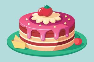 Decorative cake with vibrant icing, topped with cherries, displayed on a green plate against a pastel background vector