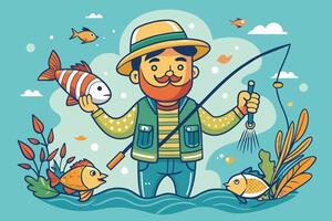 A cheerful man fishing with a rod and holding a catch in a colorful underwater setting surrounded by plants and fish vector