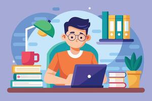A young man studies at his desk with books and a laptop in a colorful home office setting during the day vector