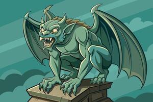A fierce green gargoyle perched on a stone ledge under a cloudy sky, showcasing its menacing features and sharp claws during twilight vector