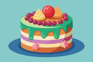 Colorful layered cake with icing and decorative toppings on a blue background vector