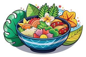 A colorful bowl filled with fresh tropical fruits and vibrant leaves on a sunny day vector
