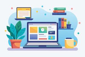 A cozy workspace featuring a laptop and books with greenery, perfect for studying or remote work in a bright and inviting setting vector