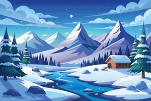 Winter landscape with snow-covered mountains, a tranquil river, and a cozy cabin under a night sky with stars in a serene setting vector