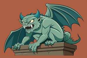 A fierce green gargoyle perched on a stone ledge with bat-like wings against a warm orange background vector