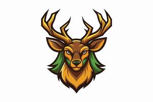 A vibrant illustration of a majestic deer head with detailed antlers, showcasing a unique design with green accents and bold colors vector