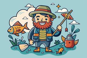 A cheerful fisherman enjoys a sunny day by the water, surrounded by small fish and vibrant nature in a colorful cartoon setting vector