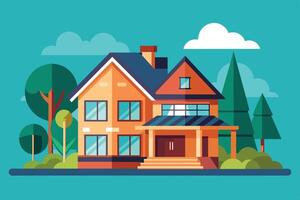 A colorful modern home with large windows surrounded by trees under a bright sky in a suburban neighborhood vector