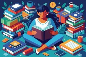 A young woman enjoys reading a book amidst stacks of colorful books and cozy items in a bright workspace surrounded by greenery vector
