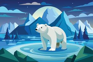 A polar bear stands majestically on an icy terrain surrounded by mountains and tranquil waters under a full moon at night vector