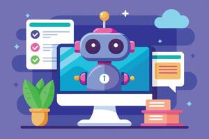 A colorful digital illustration of a friendly robot on a computer screen surrounded by charts and messages in a modern workspace vector