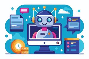 Chatbot on a computer screen with colorful graphics and chat bubbles in a modern workspace setting vector