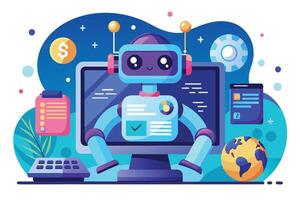 A cheerful robot helps with tasks in a vibrant digital workspace filled with charts, icons, and a global tech theme vector