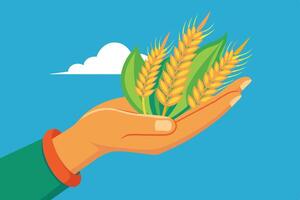 A hand holds a bundle of golden wheat and green leaves against a clear blue sky with soft clouds in a bright, cheerful illustration vector