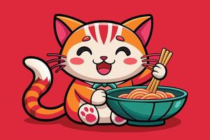 Happy cartoon cat enjoying noodles in a colorful bowl against a bright red background, showcasing a whimsical dining moment vector