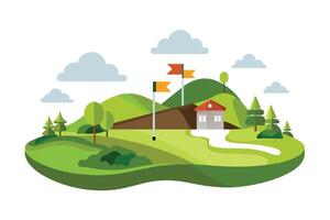 A serene landscape featuring rolling green hills, a cozy house, and colorful flags under a cloudy sky during daylight hours vector