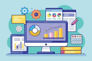A vibrant illustration of digital analytics and data representation on modern devices in a professional setting vector