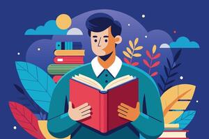 A young man reads a book while surrounded by colorful plants and books, set against a vibrant blue background vector